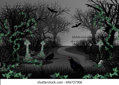 Halloween. Mystic graveyard with ivied trees, ravens and bats. Hand drawn vector illustration.