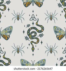 Halloween mystical animals vector seamless pattern. Celestial snake, butterfly, spider, magical symbols 