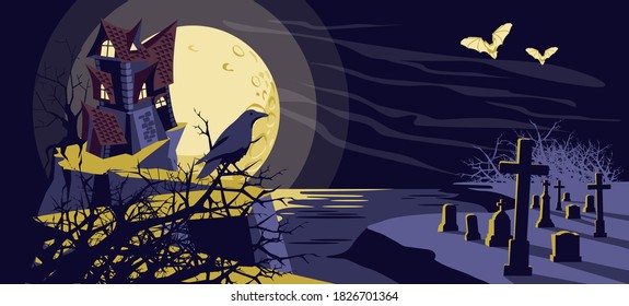 Halloween mystical background. Old scary haunted house on graveyard, raven and flying bats at moonlight night. Happy Halloween banner vector illustration