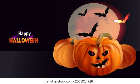Fondo místico de Halloween con luna de calabazas y murciélagos

