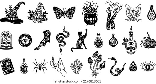 Halloween Mystical Black And White Vector Illustration Set. Witch Hat, Legs, Hand, Caldron, Pumpkin, Cat, Ghost, Mushrooms, Snake, Scull Clipart 