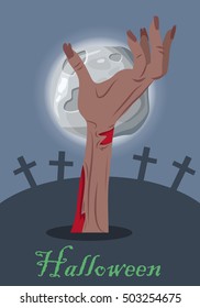 Halloween mystical concept. Zombie hand sticking out from the ground on cemetery the night of the full moon flat vector illustration. Human limb appear from the grave. Undead monsters arises to world