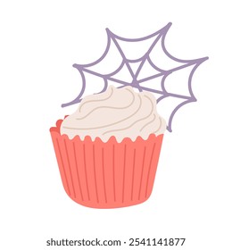 Halloween or mystical cupcake with frosting and spiderweb decoration. Vector sweet food isolated on white background