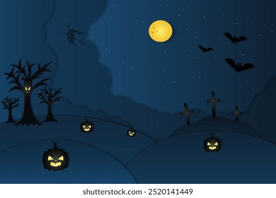 Halloween. Mystical landscape. Cutout style. Vector illustration. Witch on a broomstick flying in the sky. Full moon. Starry sky. Ominous trees and pumpkins with glowing eyes. Bats flying.