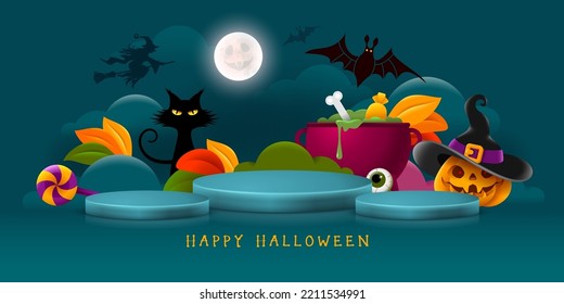 Halloween mystical turquoise advertising banner design template with 3D product display podiums on moon night background, Jack O lantern pumpkin, witch, cauldron and black cat. Vector illustration