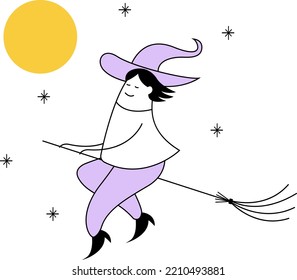 Halloween and mysticism. A cute cartoon witch is sitting on a broom and flying against the background of the night sky. Flat line vector on white background.