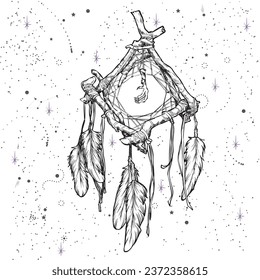 Halloween mythical black and white vector illustration set. Illustration of a witch hat, a cat skull, a magic wand, a spider, a magic potion on a background of the night sky with stars. 