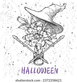 Halloween mythical black and white vector illustration set. Illustration of a witch hat, a cat skull, a magic wand, a spider, a magic potion on a background of the night sky with stars. 