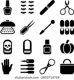 Halloween and nail art tools flat icons featuring bats scissors nail polish and pumpkins