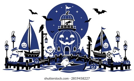 Halloween nautical scene with a pumpkin lighthouse, ghost sailors on boats, and bats under a full moon