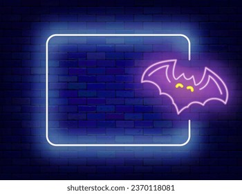 Halloween neon advertising. Night bat and empty white frame. October scary holiday. Shiny banner on brick wall. Copy space. Bright flyer. Glowing poster. Editable stroke. Vector stock illustration