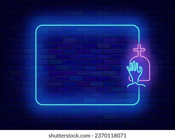 Halloween neon advertising. Zombie hand on cemetery and empty frame. October scary holiday. Banner on brick wall. Copy space. Bright flyer. Glowing poster. Editable stroke. Vector stock illustration