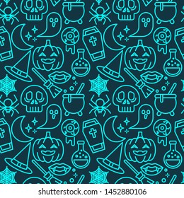 Halloween neon color elements on dark background. Seamless pattern for wallpaper, web sites,wrapping paper,for fashion prints, fabric, design.