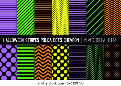 Halloween Neon Colors Vector Patterns in Polka Dots, Chevron and Stripes. Fluorescent Orange, Lime, Purple and Yellow Geometric Basics. Glow in the Dark Backgrounds. Vector Tile Swatches Included.