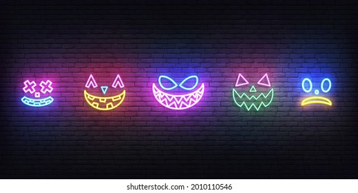 Halloween Neon Face Icons. Set Of Bright Face Expreshions For Halloween Celebration