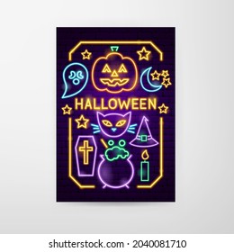 Halloween Neon Flyer. Vector Illustration of Scary Party Promotion.