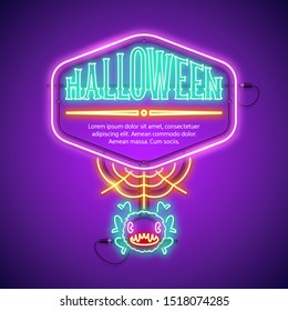 Halloween neon frame with funny web spider in cartoon style. Greeting card. Vector poster illustration for your holiday projects in retro-futuristic cartoon style.
