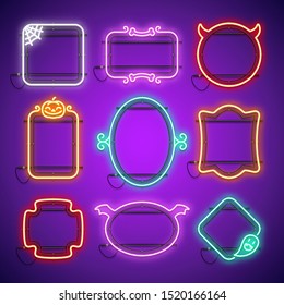 Halloween neon frames set in gothic horror style with spider web, bones, pumpkin and ghost. Greeting card template. Vector clip art great for your holiday projects in retro-futuristic cartoon style.