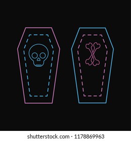 Halloween neon icons coffin skull bones black background