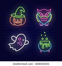 Halloween neon icons collection. Owl and ghost. Pumpkin and witch cauldron. Night bright signboard. Outer glowing effect. Editable stroke. Isolated vector stock illustration