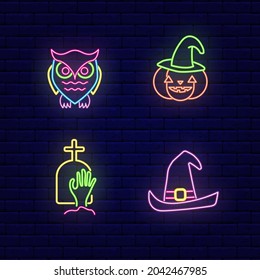 Halloween neon icons collection. Owl and pumpkin. Zombie hand and witch hat. Night bright signboard. Outer glowing effect. Editable stroke. Isolated vector stock illustration