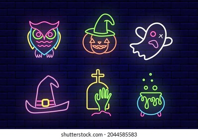 Halloween neon icons collection. Owl and ghost. Witch hat and zombie hand. Pumpkin and witch cauldron. Night bright signboard. Outer glowing effect. Editable stroke. Isolated vector stock illustration