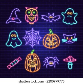 Halloween neon icons collection. Owl cat pumpkin bat ghosts spiders and witch hat. Isolated vector stock illustration