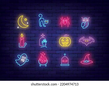 Halloween neon icons collection. Pumpkin, owl and tombstone. Moon, ghost and cauldron. Season october holiday. Glowing effect signs set on brick wal. Witch decoration. Vector stock illustration