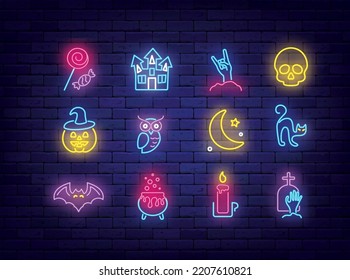 Halloween neon icons collection. Witch castle, owl and potion. Skull and tombstone. Cat, candy and candle. Season october holiday. Glowing effect signs set on brick wal. Witch decoration. Vector stock