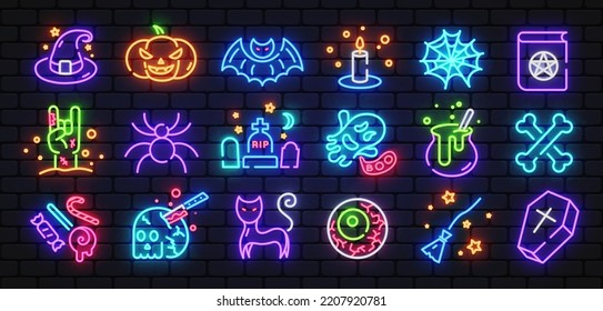 Halloween neon icons. Happy Halloween isolated neon icons. Retro halloween, great design for any purposes. Party decoration. Isolated vector illustration