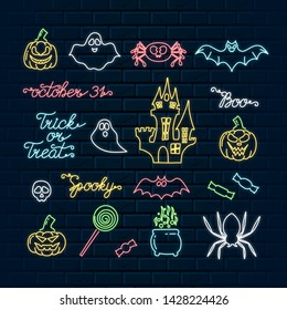 Halloween neon icons of pumpkins, hanted house, potion, witch, ghosts, spiders, candies and bats for october 31 night. Vector isolated horror glowing signs. Club invitation holiday shining elements.