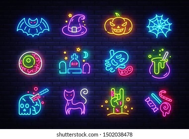 Halloween neon icons set. Happy Halloween collection light signs. Sign boards, light banner. Neon isolated icon, emblem, design template. Vector Illustration