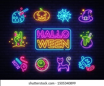 Halloween neon icons set. Happy Halloween collection neon signs. Bright sign boards, light banner. Modern trend design, night light signboard, emblems, design template. Vector Illustration