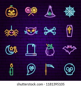 Halloween Neon Icons. Vector Illustration of Trick or Treat Scary Symbols.