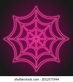 Halloween neon illustration. Neon banner on the wall. Glowing round signboard. Eps10 vector. Neon spiderweb sign. Asymmetric spiderweb logo on dark wall. 