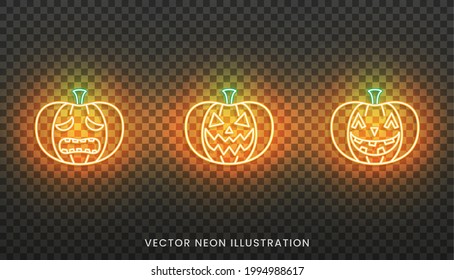 Halloween neon Jack O Lantern sign. Set of bright Pumpkin for Halloween
