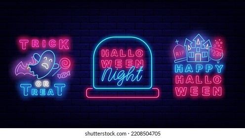 Halloween neon labels collection. Trick or treat sign. Night party advertising. Light greeting cards set. Season october event. Shiny signboards pack. Vector stock illustration