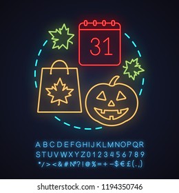 Halloween neon light concept icon. October 31st idea. Autumn. Glowing sign with alphabet, numbers and symbols. Vector isolated illustration