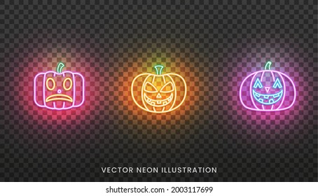 Halloween neon pumpkin sign. Set of bright colorful Jack O Lanterns for Halloween