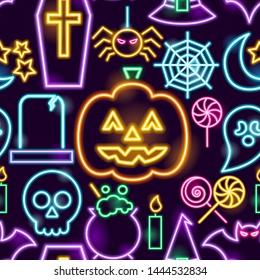 Halloween Neon Seamless Pattern. Vector Illustration of Holiday Promotion.