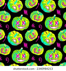 Halloween neon seamless pumpkin pattern. Ideal for creating seamless designs and illustrations for various projects like textiles, paper crafts, and more. Vector.