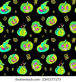 Halloween neon seamless pumpkin pattern. Ideal for creating seamless designs and illustrations for various projects like textiles, paper crafts, and more. Vector.