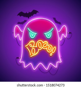 Halloween neon sign with angry ghost boo and bats shapes. Greeting card. Vector poster illustration for your holiday projects in retro-futuristic cartoon style.