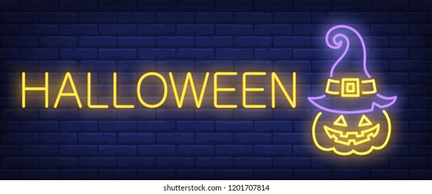 Halloween neon sign. Carved pumpkin with witch hat on brick wall background. Vector illustration in neon style for All Saints Eve party
