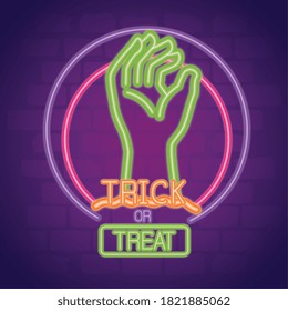 halloween neon sign with hand zombie vector illustration design