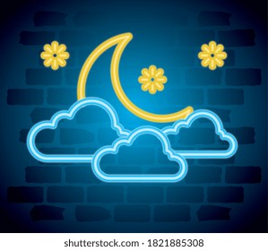 halloween neon sign with moon and clouds vector illustration design