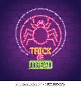 halloween neon sign with spider vector illustration design