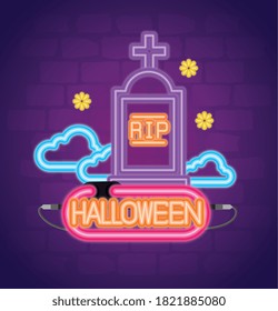 halloween neon sign with tombstone and clouds vector illustration design