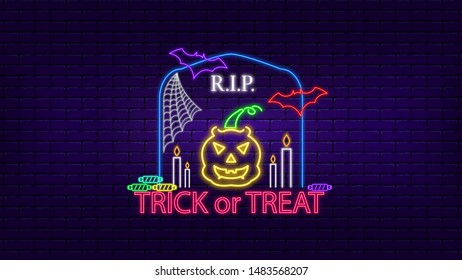 Halloween neon sign, neon sign "trick or treat", Halloween design template, vector illustration