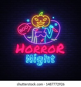 Halloween Neon sign Vector. Horror Night neon poster, design template, modern trend design, night signboard, night bright advertising, light banner, light art. Vector illustration
